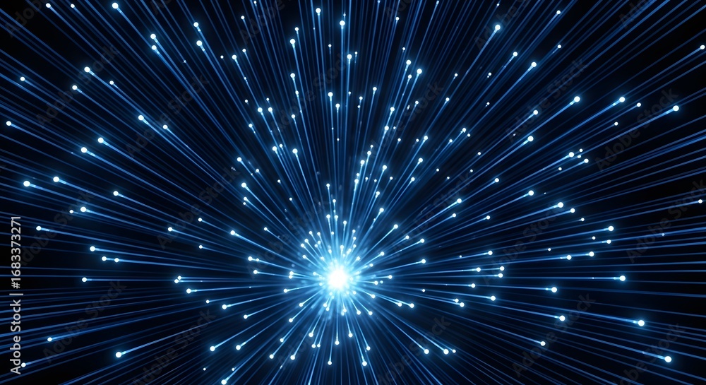 Poster abstract explosion of glowing light particles. high-speed data transfer and fiber optic network conc