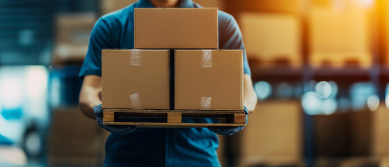 AI generator images of warehouse and factory store with industrial space and hardware boxes for delivery against a bokeh light background, Industrial packaging , forklift loads pallets and boxes onto 