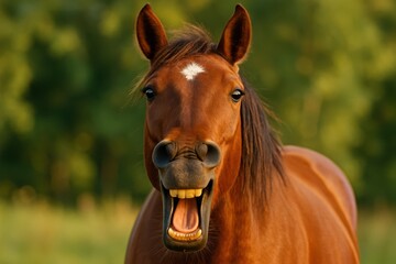 Obraz premium Close up head on portrait of a chestnut horse yawning in the sunlight