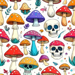 A vibrant pattern showcasing colorful mushrooms and skulls, set against a crisp white background, with playful line art and vibrant hues.