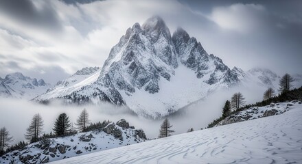 Obraz premium Snowy mountain landscape with mist and trees. Ai generation