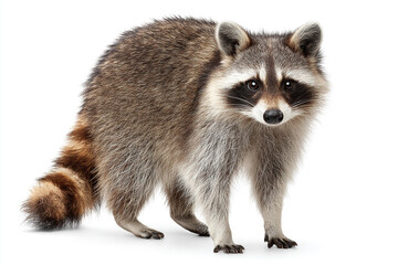Raccoon standing isolated on white background looking directly at camera