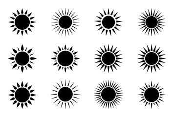 Collection of twelve black sun icons with varying ray designs