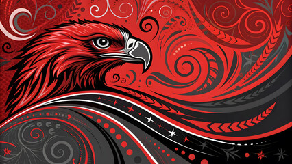 Fototapeta premium Stylized red eagle head with intricate black and red swirling patterns, a powerful graphic design illustration.
