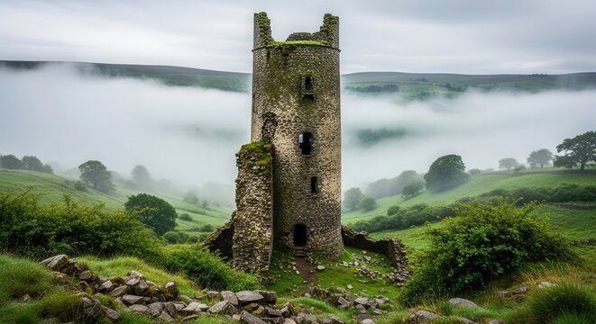 Ancient stone tower in misty landscape. Ai generation