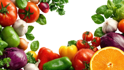 Vibrant array of fresh produce, featuring tomatoes, peppers, garlic, eggplant, basil, and an orange slice