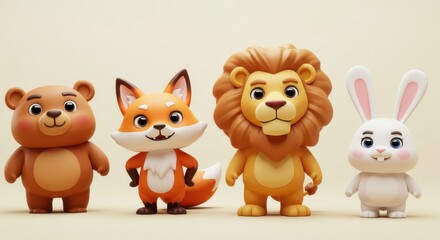 Naklejka premium Four adorable cartoon animals, a bear, fox, lion, and rabbit, stand in a row against a soft beige background.