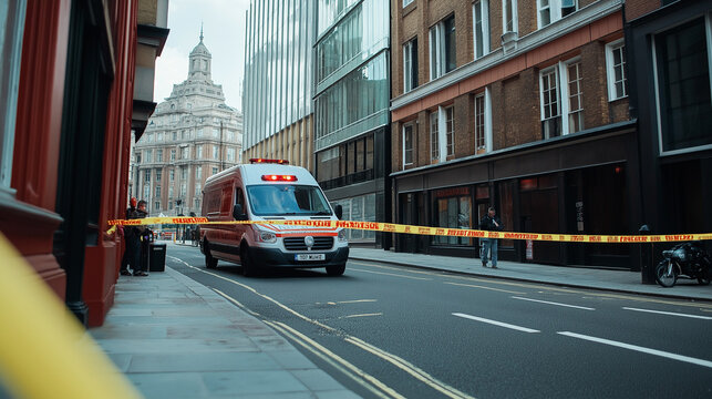 AI generator images of Metropolitan Police van, city police vans high dynamic range, Metropolitan Police emergency van parked near government buildings and Bustling Urban Street.