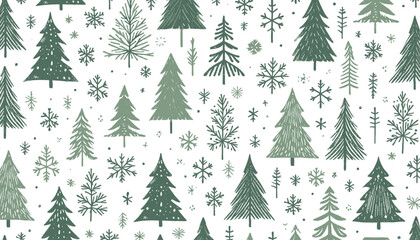 christmas trees and snow flakes vector seamless pattern background