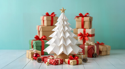 Sapin créatif en origami blanc avec cadeaux colorés au pied de l'arbre de Noël, espace vide pour du texte ou produit	