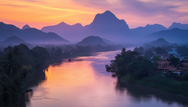 AI generator images of small riverside town with beautiful scenery. River stream flowing across the view of natural scenery in the mountains. Beautiful nature landscape, scenic outdoor background