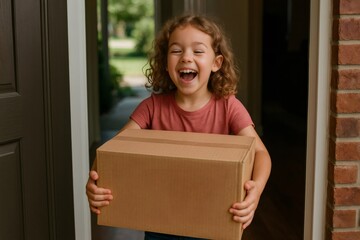 Happy child laughing and holding a cardboard box, enjoying the arrival of a delivery at her doorstep