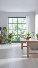 Vibrant plants on cozy natural wood desk create an inviting, natural light office, conveying sense of tranquility and inspiration