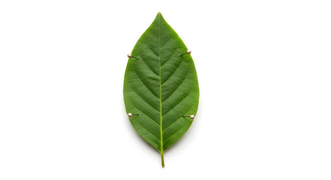 Green Leaf Close-Up with Pins on White Background