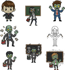 Zombie teachers and students cartoon characters, spooky classroom theme, Halloween education clipart, horror school illustration with undead professionals