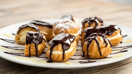 Delicious cream puffs and éclairs generously drizzled with rich chocolate sauce, some dusted with powdered sugar, served on a white plate. A tempting sweet treat. - Powered by Adobe
