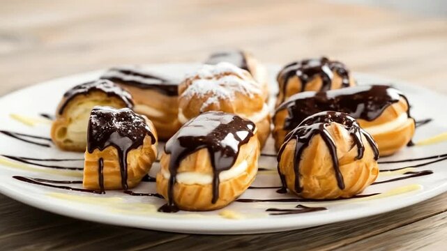 Delicious cream puffs and &eacute;clairs generously drizzled with rich chocolate sauce, some dusted with powdered sugar, served on a white plate. A tempting sweet treat.