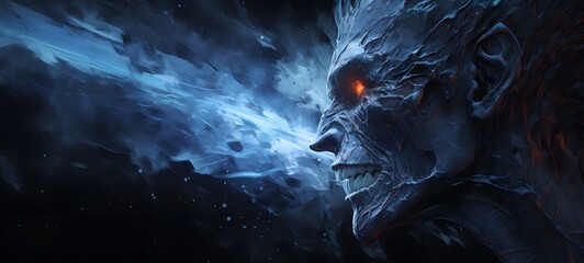 Fototapeta premium The black background contrasts sharply with the bright blue silver light emitted by ifrit vs demon, generative AI