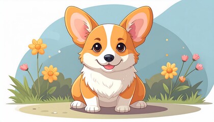 A cheerful corgi puppy sits amongst vibrant flowers in a serene garden setting.