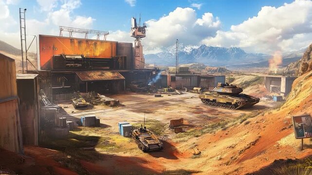 Desolate, sun-drenched military base in a desert landscape