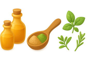 A Vibrant Display of Natural Oils and Fresh Herbs in a Warm, Inviting Color Palette for Culinary Inspiration and Cooking Enthusiasts isolated on white or transparent png