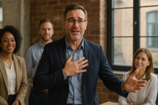 Senior businessman holding hand on chest and giving emotional farewell speech to his colleagues in the office - Powered by Adobe