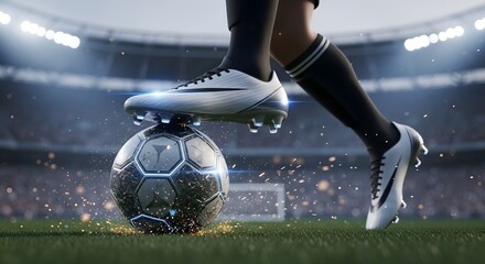 Soccer player's foot on a futuristic football. Sports technology and championship match concept. A player on the field in a stadium ready for a competitive game.