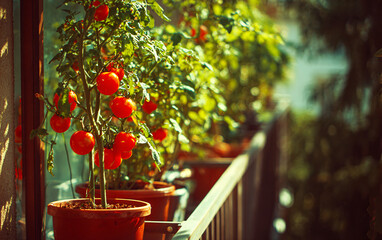 Potted tomato plants growing on a sunlit balcony.