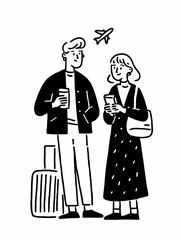 Couple holding drinks while waiting for their flight with luggage in a doodle illustration design