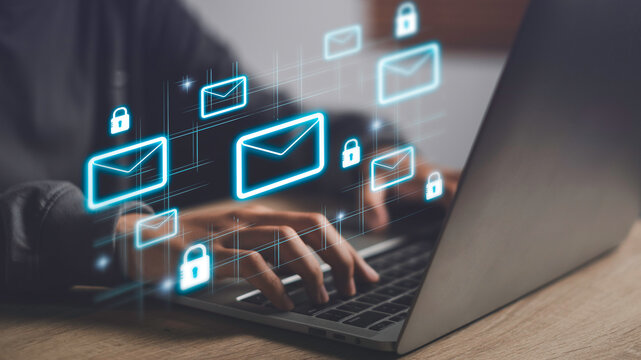 Email security and data protection concept with glowing mail icons and lock symbols, illustrating encrypted communication, cybersecurity, safe messaging, and confidential business information.