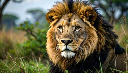 Majestic lion, with a thick mane of gold and brown, gazes intently into the camera, amidst a backdrop of lush green grass and trees.