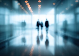 Blurred figures walking in a modern hallway