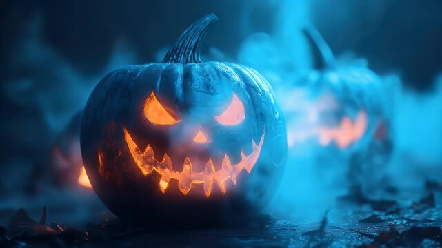 Scary carved halloween pumpkin glows with orange light in dark blue foggy night eerie halloween scene