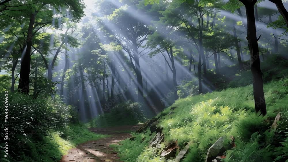 Poster enchanting green forest path with sunlight filtering through trees