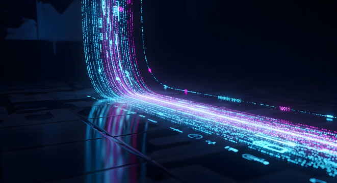 Dynamic digital data stream flowing with neon binary code, representing technology and information transfer