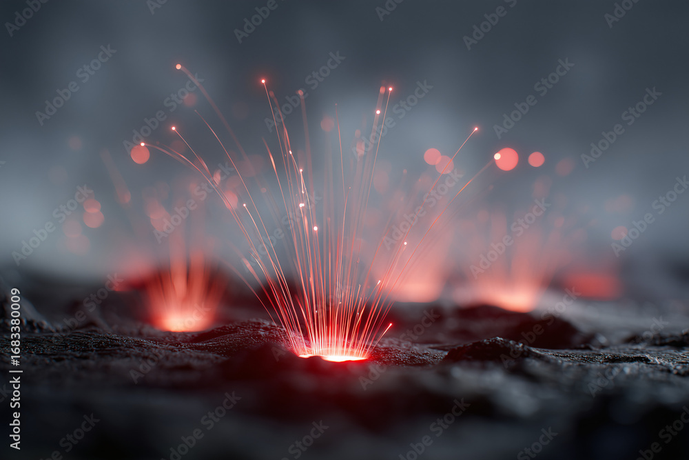 Poster glowing fiber optic strands emerging from a textured surface, creating a futuristic and abstract vis