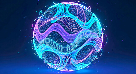 An abstract digital orb glows with intertwining neon blue and purple wavy lines against a dark background
