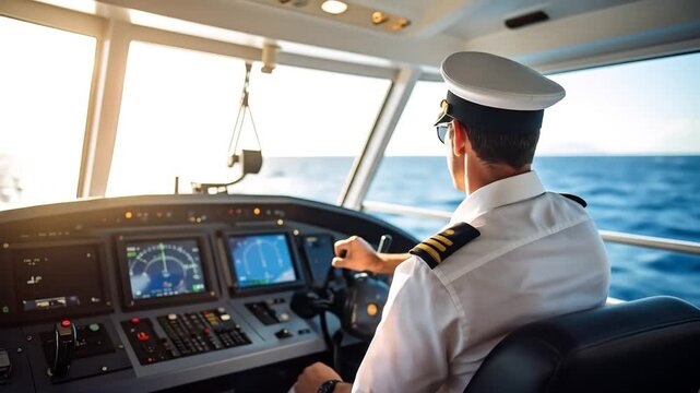 Captain at the helm of a luxury yacht navigates open sea under sunny sky.