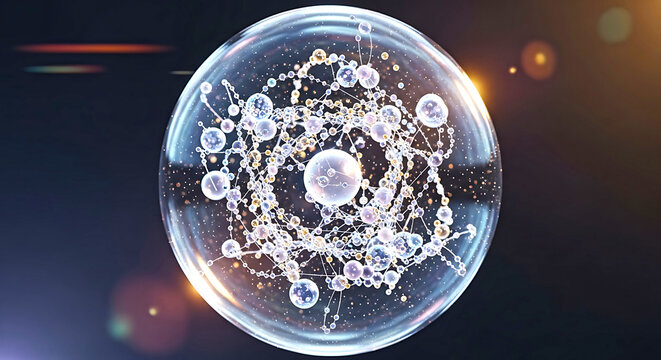 Detailed microscopic view of a luminous biological cell with complex internal structures and energetic particles in a dark environment