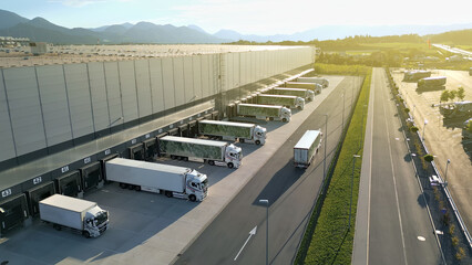 Aerial view of a busy distribution warehouse with trucks at loading docks, set against scenic...