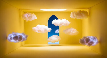 Dreamy escape awaits through a surreal doorway filled with floating clouds and bright yellow walls.