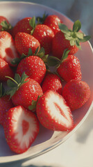 AI generator images of Delicious red strawberry background on a plate, Piled Up Strawberries. A cluster of strawberry are stacked together in a pile, showcasing their vibrant red hue and juicy texture
