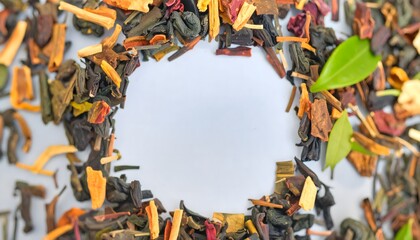 Colorful Herbal Tea Leaves Surrounding Empty Space for Design