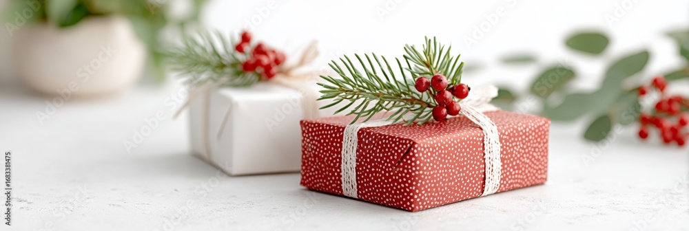 Poster two presents with red and white patterns on them