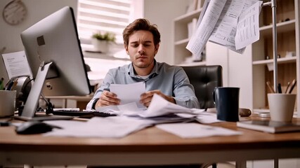 Tired sleepy overtime work load. man overwhelmed by work in office setting with sheets of paper flying out of his hands.