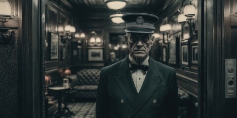 Elderly caucasian male conductor in vintage train car interior