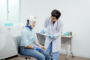 Obraz premium Hand bandages, human bandages and first aid bandages, teaching or tutoring with care, attention or assistance in the office, emergency nurses, trainers and wound care personnel.
