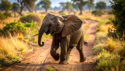 Obraz premium A young elephant strolls confidently down a dusty path through a savanna landscape.