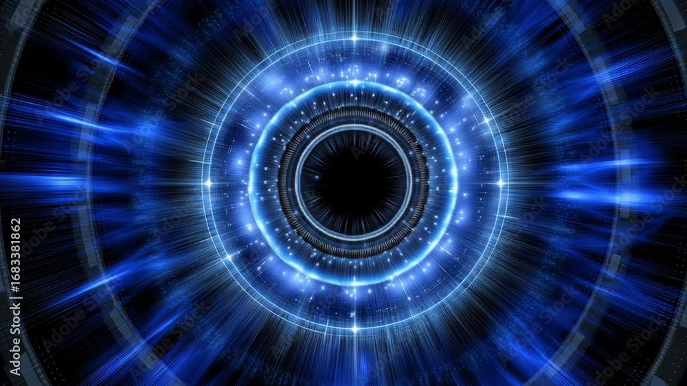 Poster futuristic digital interface featuring luminous blue circular patterns emanating light