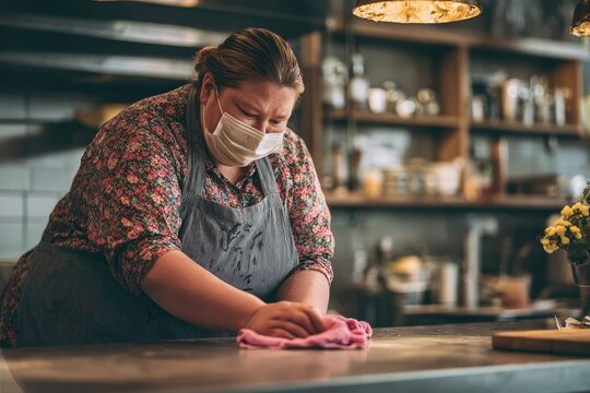 Woman wearing face mask cleaning restaurant counter with cloth for hygiene and safety.